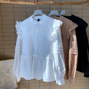 スタンドカラー　切替フリル＆ ギャザー　ピンタックブラウス〈３カラー サイズF〉