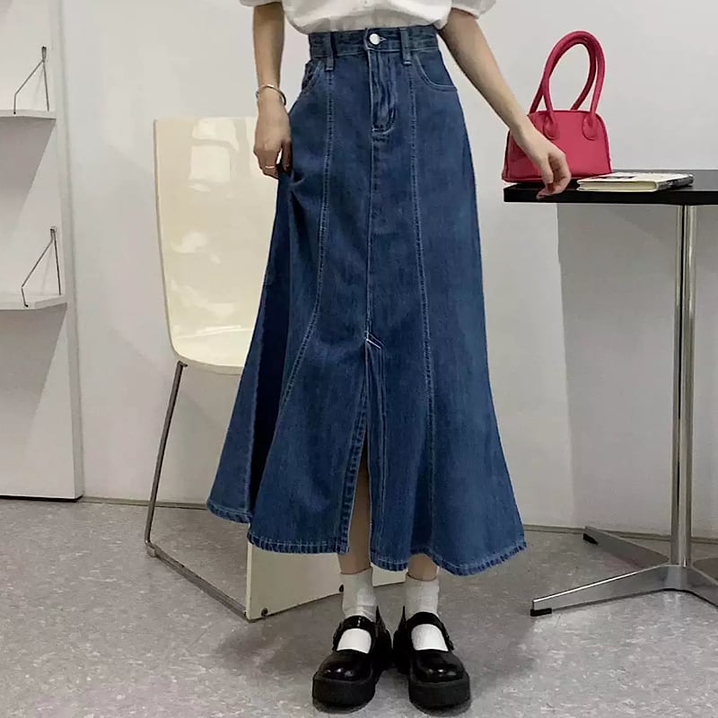 ロング丈 で大人っぽ カジュアル デニム ロング スカート Aライン マーメイド スタイルアップ 美脚見え スリット デートコーデ Lamitte Deco トレンド 韓国ファッション ショップ Base店