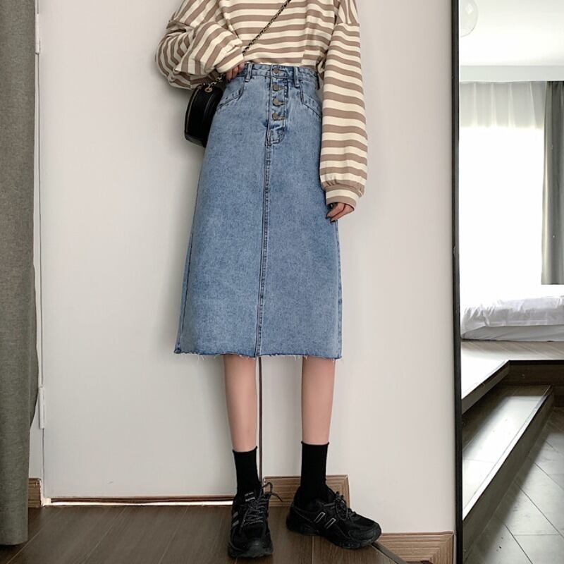 2020年秋冬バージョンのネットレッドスプリットAラインスカート女性レトロ香港スタイルミドル丈ハイウエストシンデニムスカート YY-ファッション94294257825