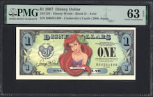 2007 D$1 DisneyDollar PMG63 EPQ DIS128 Ariel Cinderella's Castle