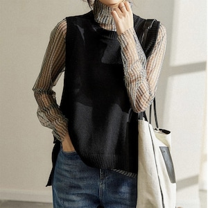 ニット ベスト レディース 韓国 春秋冬 トップス レイヤード 重ね着 おしゃれ 大人 きれいめ かわいい ゆったり 体型カバー シンプル 大人可愛い 大人女子