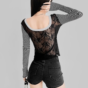 back lace stripe T-shirt la0915