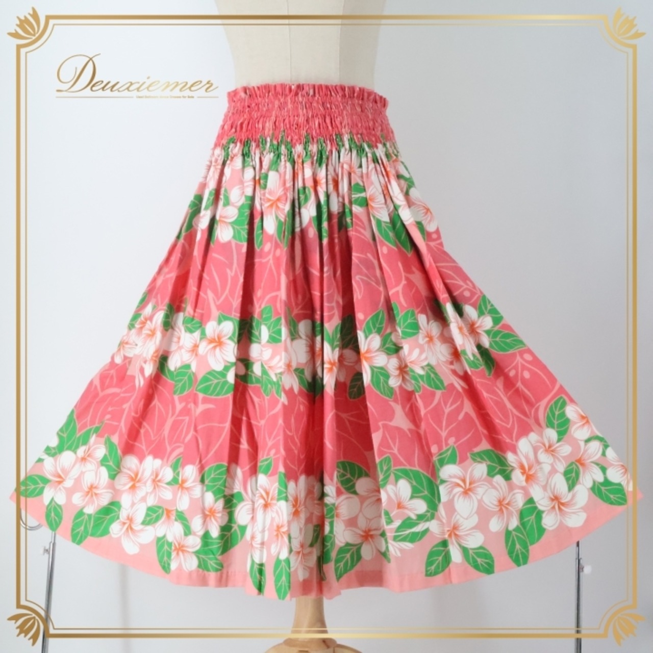 フラダンス 衣装 パウスカート ピンク系 サーモンピンク プルメリア柄 モンステラ柄 シングル シンプル かわいい 華やか 鮮やか 明るい 白 緑 ハワイアン アロハ ハワイアンプリント フラ ダンス レッスン 練習 花柄 軽やか ファッション レディース