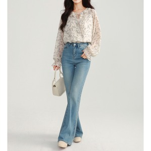 Vネックパフスリーブシフォンブラウス＆ハイウエストベルボトムデニムパンツセット 00204