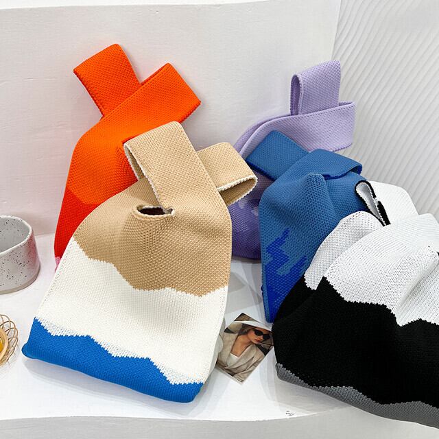 バッグ トートバッグ レディース 鞄 ニット ミニバッグ かわいい ニュアンス柄 カジュアル お出かけ 小物入れ カラバリ豊富 ブルー/オレンジ/パープル/ブラック/ベージュ