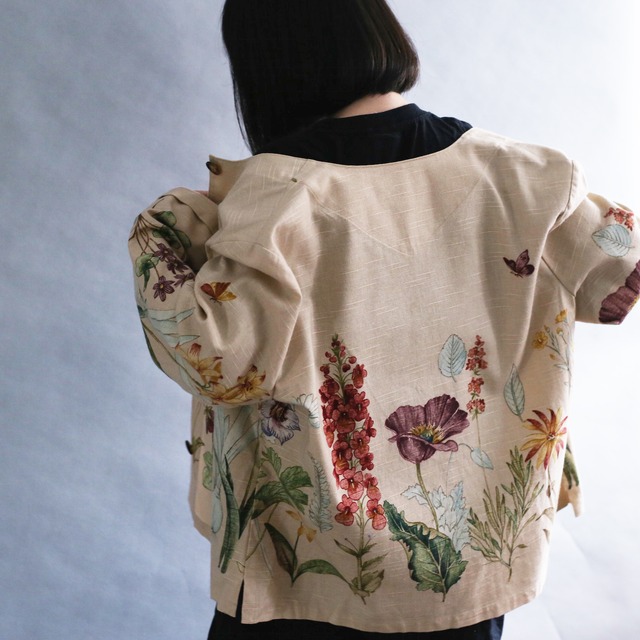 flower art pattern box silhouette l/s no-collar jacket