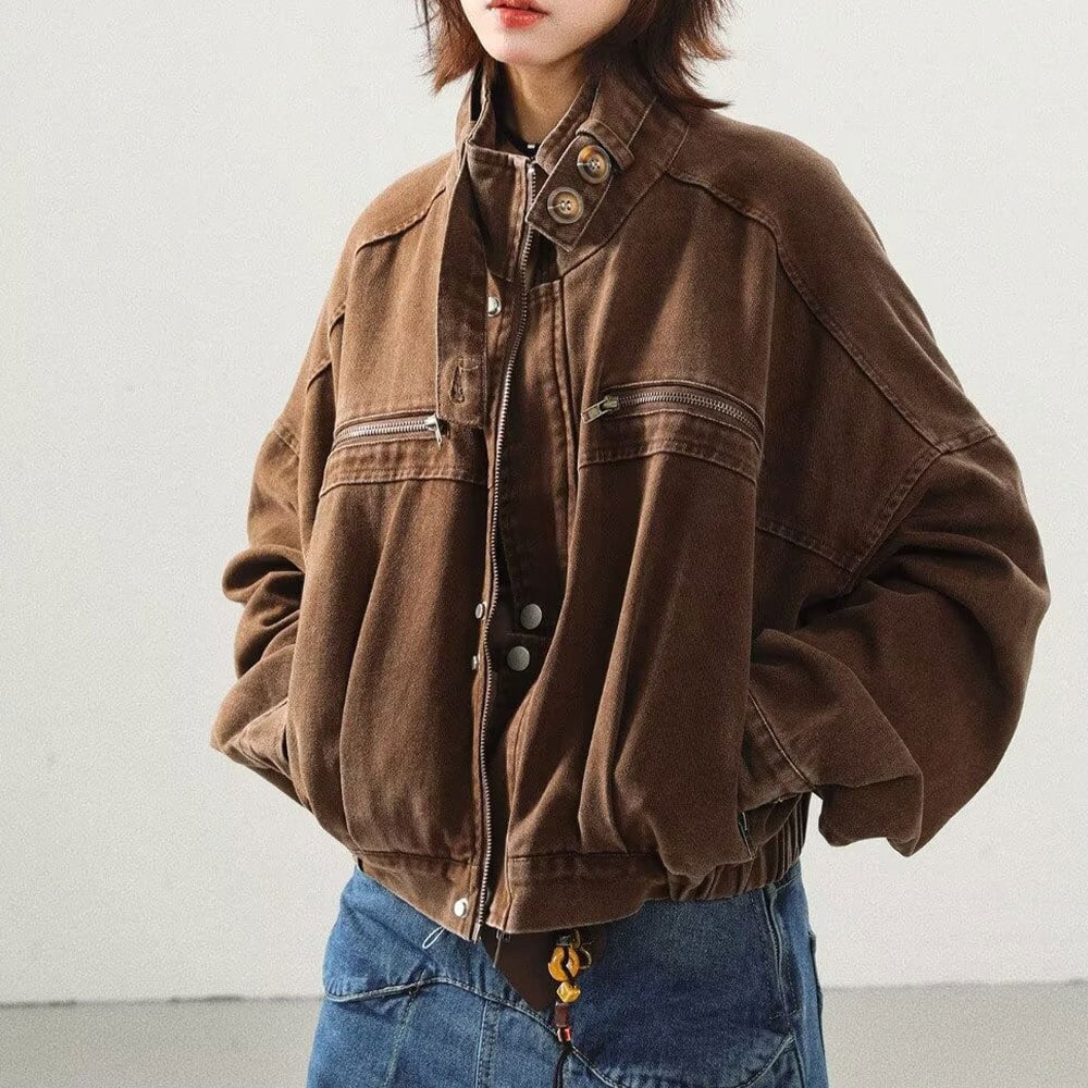 【送料無料】 ショート ジャケット レディース 春秋冬 アウター アメカジ レトロ 大人 カジュアル きれいめ ゆったり 羽織り スタンドカラー 丈夫 厚手 大人可愛い 大人女子