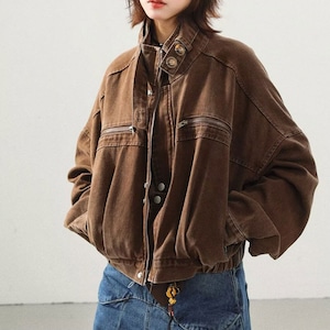 【送料無料】 ショート ジャケット レディース 春秋冬 アウター アメカジ レトロ 大人 カジュアル きれいめ ゆったり 羽織り スタンドカラー 丈夫 厚手 大人可愛い 大人女子