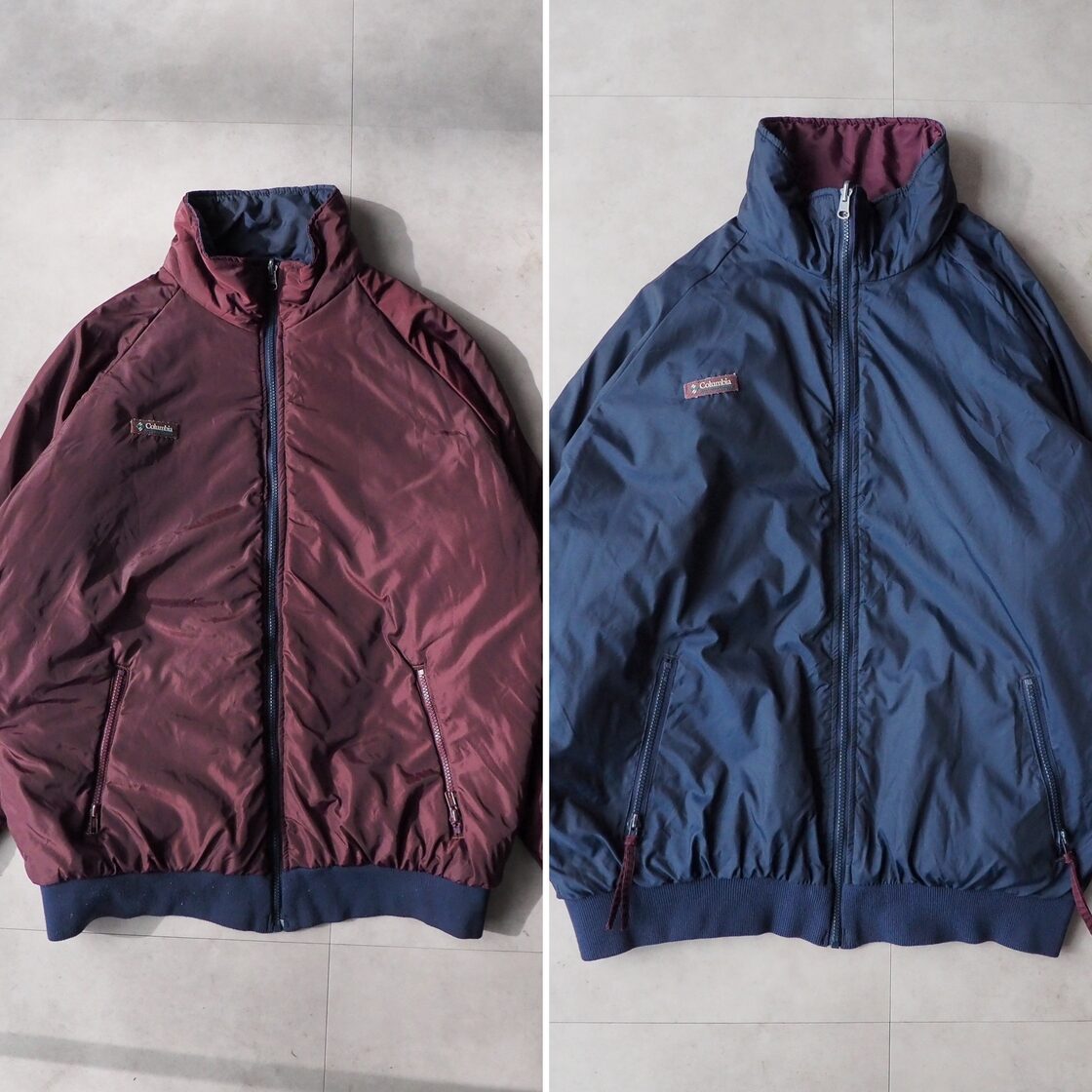 90s “Columbia” navy × Burgundy reversible padding jacket 90年代 