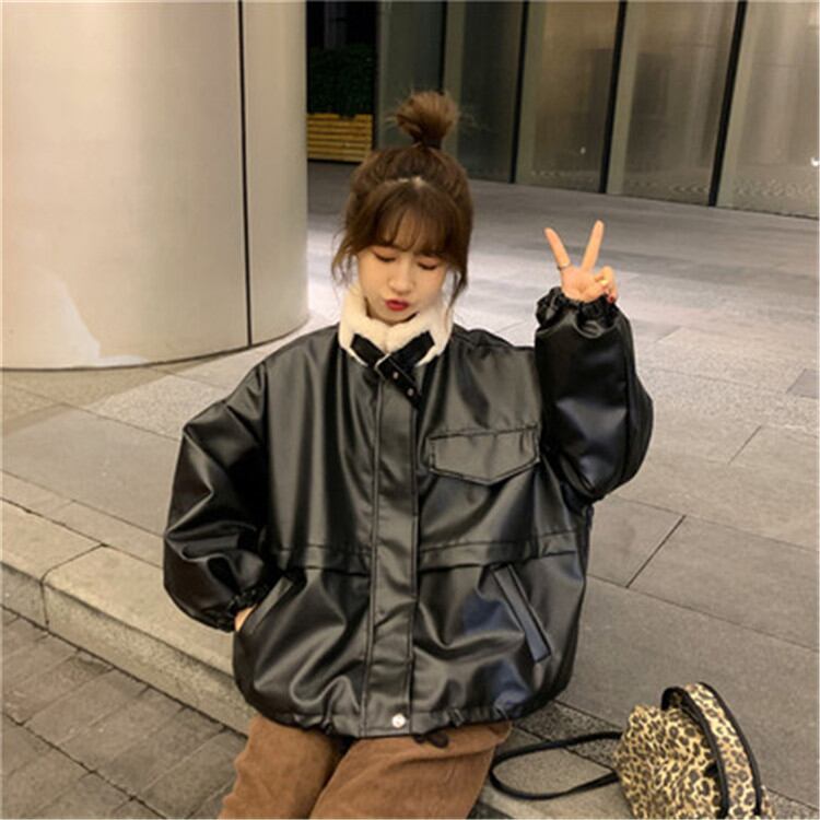 韓国ファッション カレッジ風 ゆったりする PU フェイクファーのぬいぐるみ 厚くする コート コットン