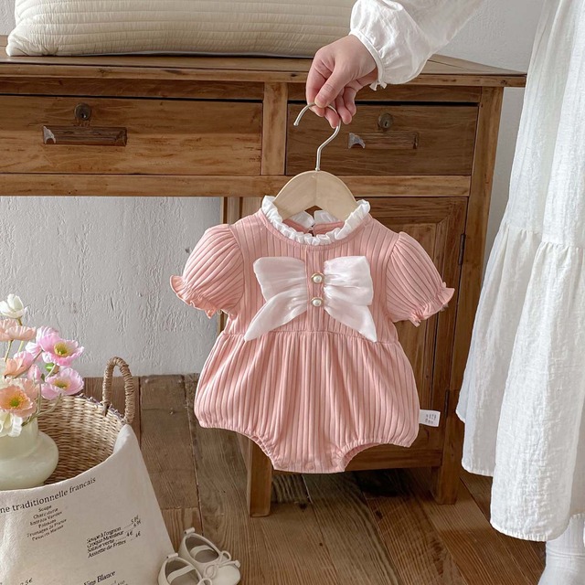 【BABY】大きなリボン付フリル襟パフスリーブ半袖リブロンパース - 13