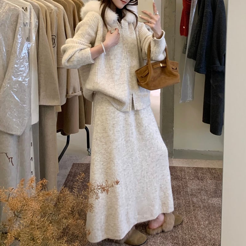 【set】ファー付きニットカーディガン×ロングスカートセット Q7678