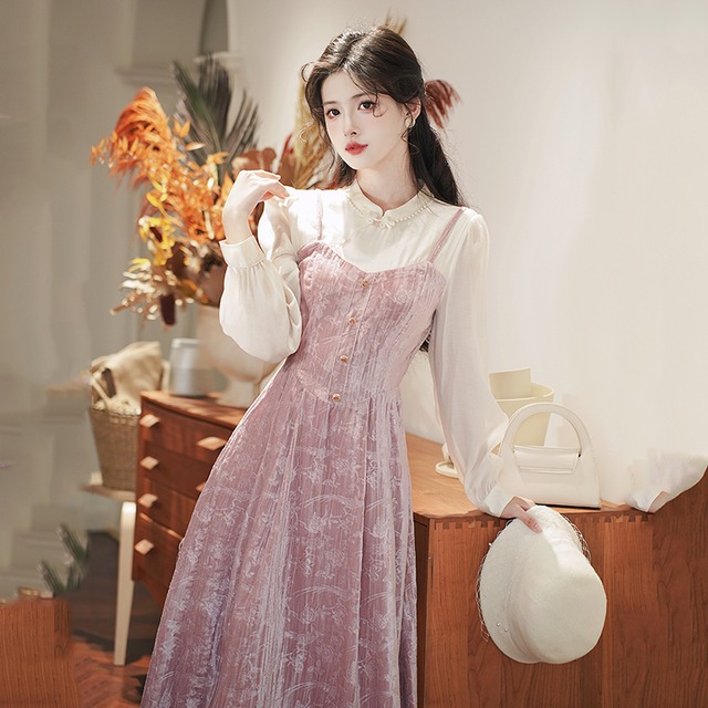 【辰是Chenisシリーズ】★ワンピース★ レディース ロング丈 ベルベット 花柄 切り替え レトロ デート