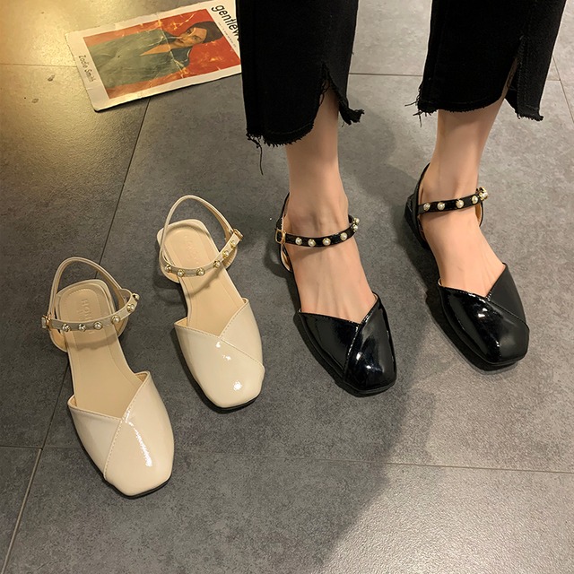 サンダルレディーススプリングパールバックルシングル 靴 シューズ 春物 真珠 スクウェア 部族の婦人靴89773158291