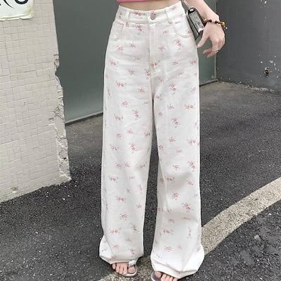 パンツ デニム ジーンズ 花柄 ピンクの花 ワイド ストレート ハイ