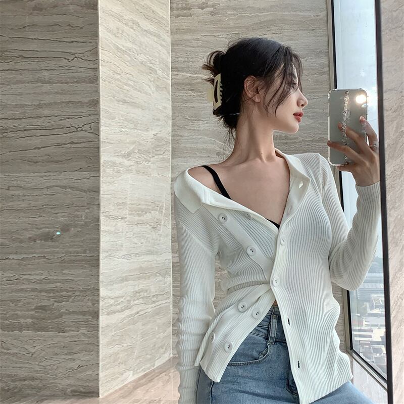 ホワイトニットカーディガンレディース秋スリム長袖セータージャケット2020新デザインセンスニッチアウター ブラックストロベリース2762500588