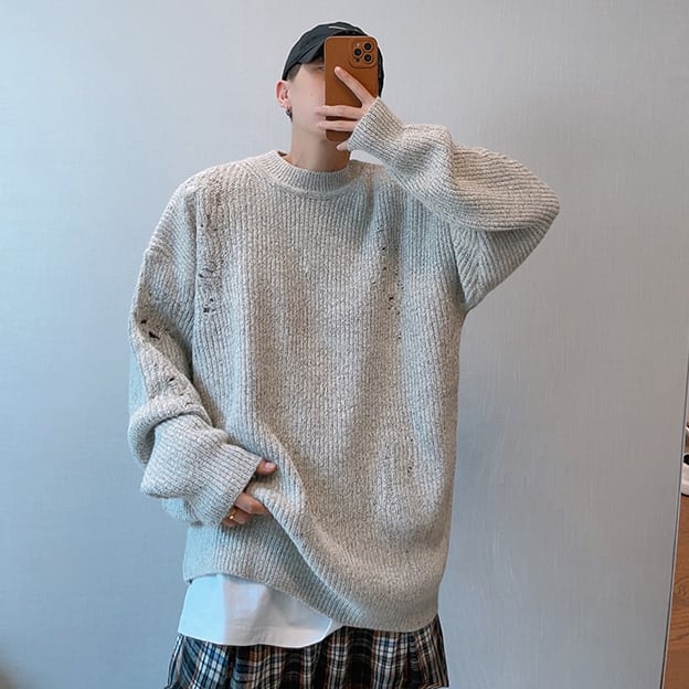 【予約販売】ニット セーター オーバーサイズ ダメージ加工 無地 メンズ グレー オーバーサイズ こなれ感 ストリート お洒落 韓国 トレンド 秋冬 M/L/XL/2XL