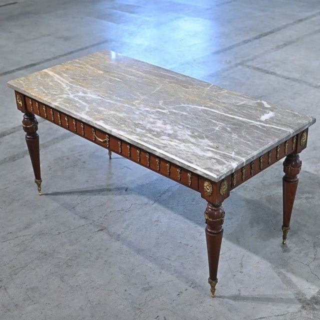 ★フランス製アンティーク 大理石トップ ローテーブル 無垢材 サイド センター 金具 装飾 クラシカル サロン ヨーロピアン ビンテージ