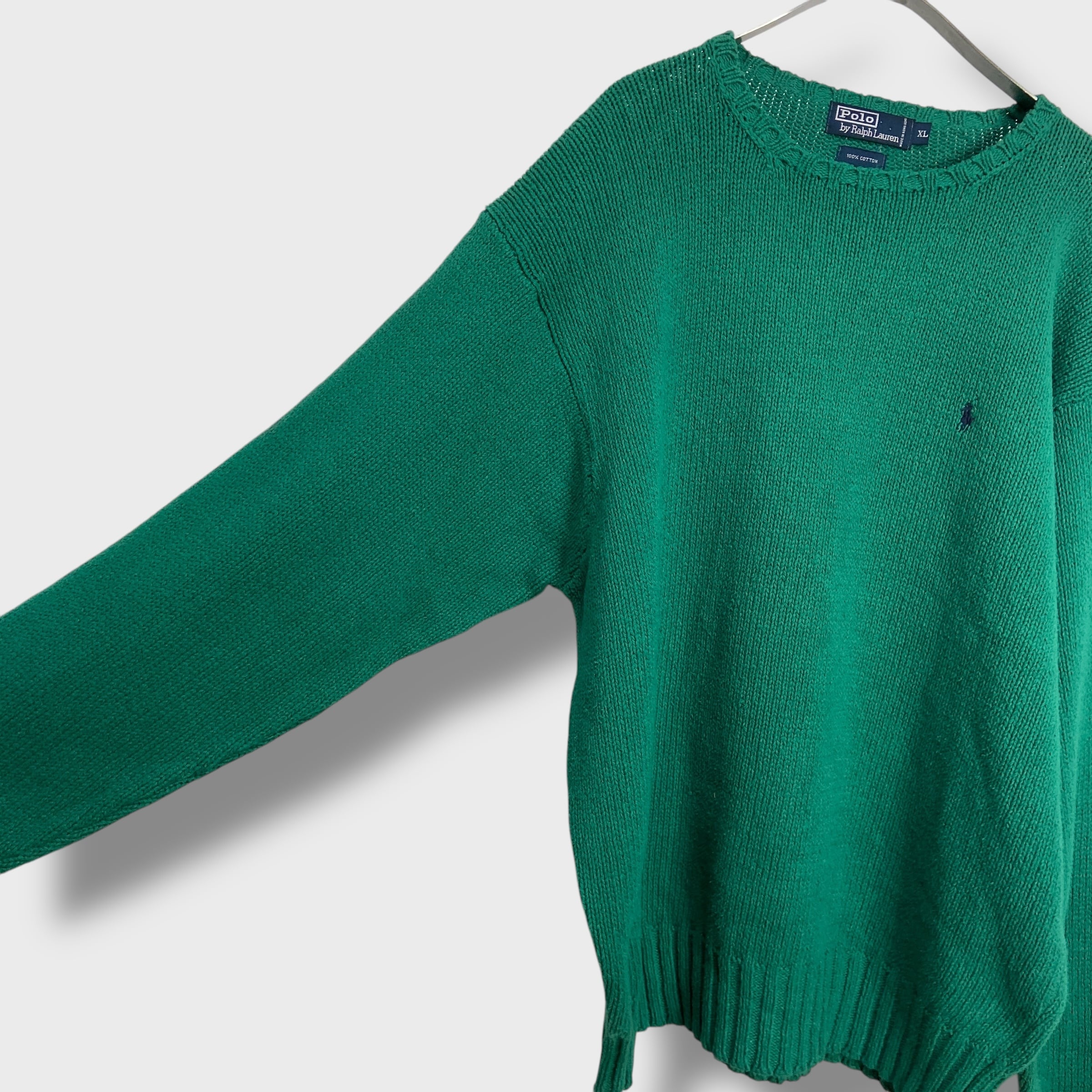 ラルフローレン　ワンポイント刺繍ピマコットンニットセーター　グリーン 古着 Polo Ralph Lauren ワンポイント 上質 ピマコットン ニット