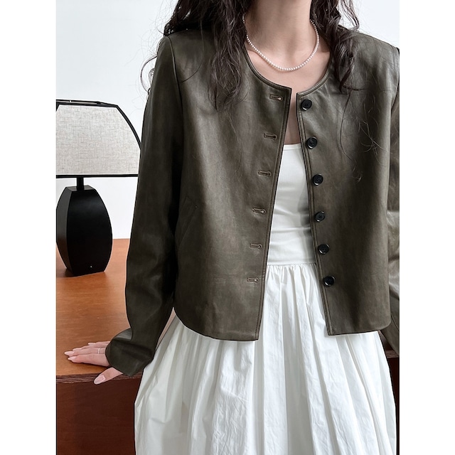 collarless faux leather button jacket