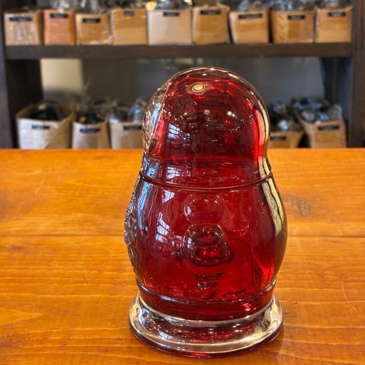 Matryoshka Jar 4 colors available: Red, Smoke, Orange, and Blue. Canister, candy container, glass jar.