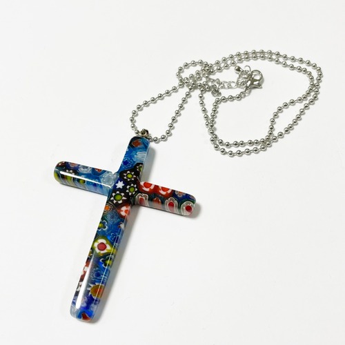 Vintage Millefiori Murano Glass Cross Pendant Necklace