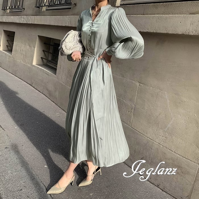 3色 パーティ ドレス ワンピース プリーツ 共ベルト ロング丈 光沢感(M0400)ζ