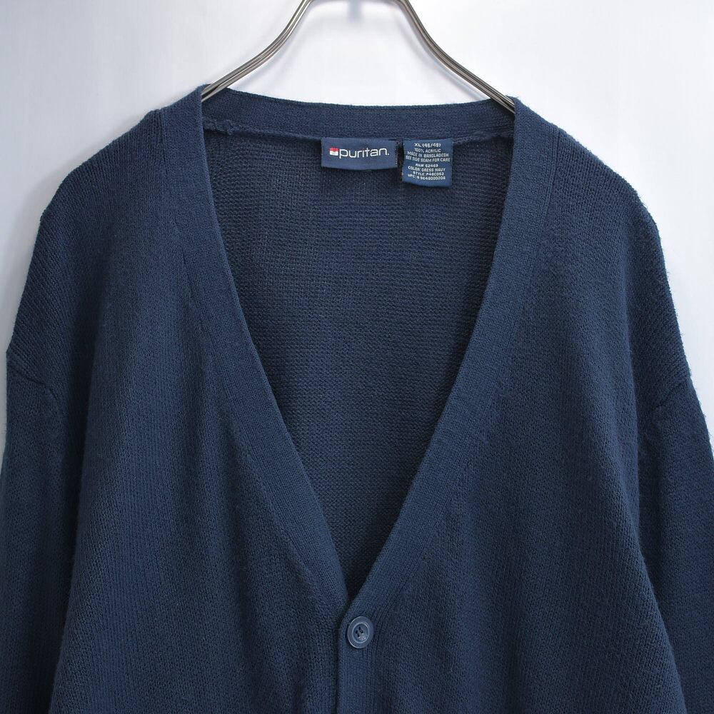 90s~ puritan ピューリタン アクリルニット カーディガン 無地 セーター ヴィンテージ ネイビー 紺 大きいサイズ ビンテージ USA アメリカ古着 メンズXL~XXL相当