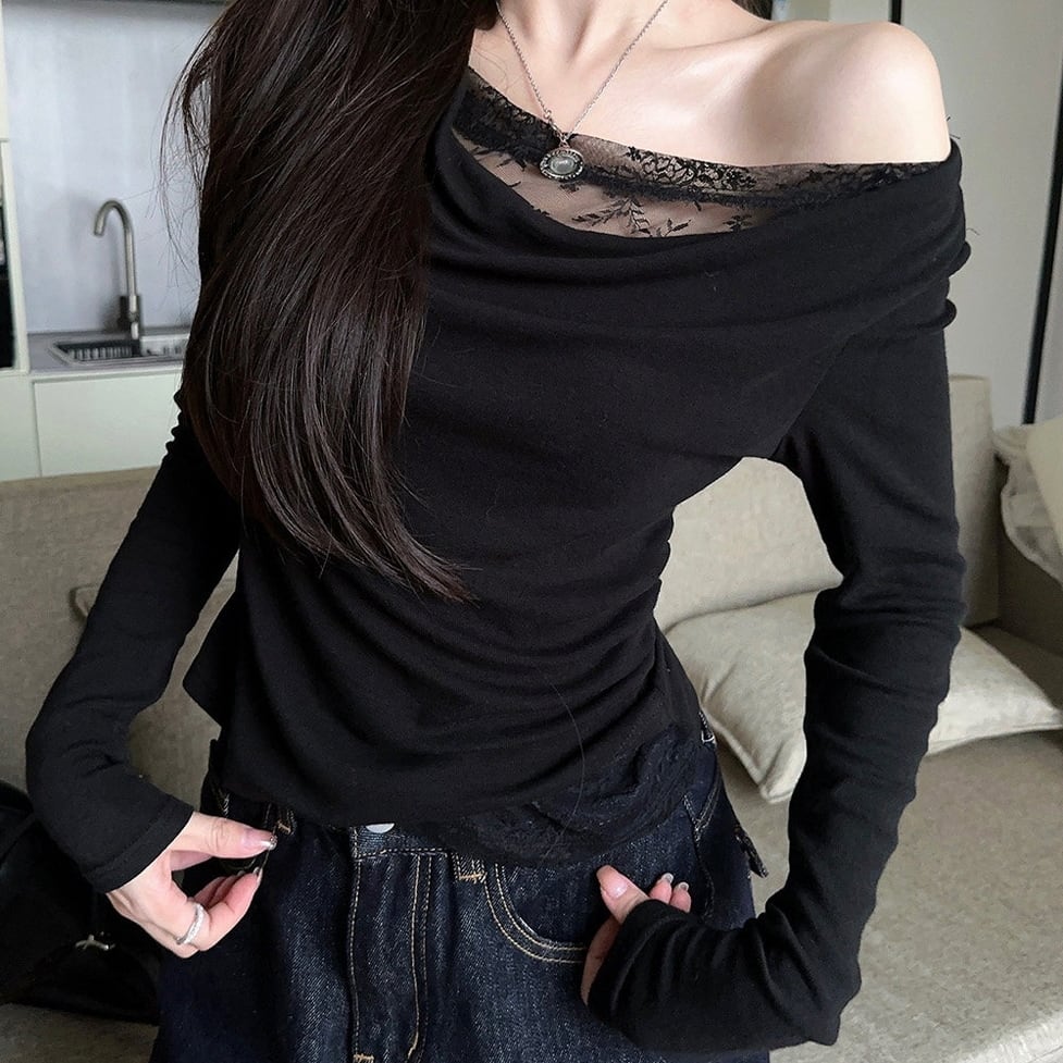 one shoulder lace lined tops / l0431