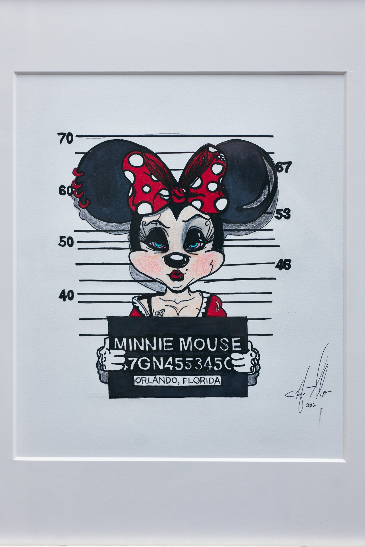 アート作品 Hillary Alon「Strung Out Minnie Mousa」アクリルペン画（額装付き）