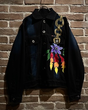 【Caka act3】Hand-Drawn Custom Black Denim Trucker Jacket