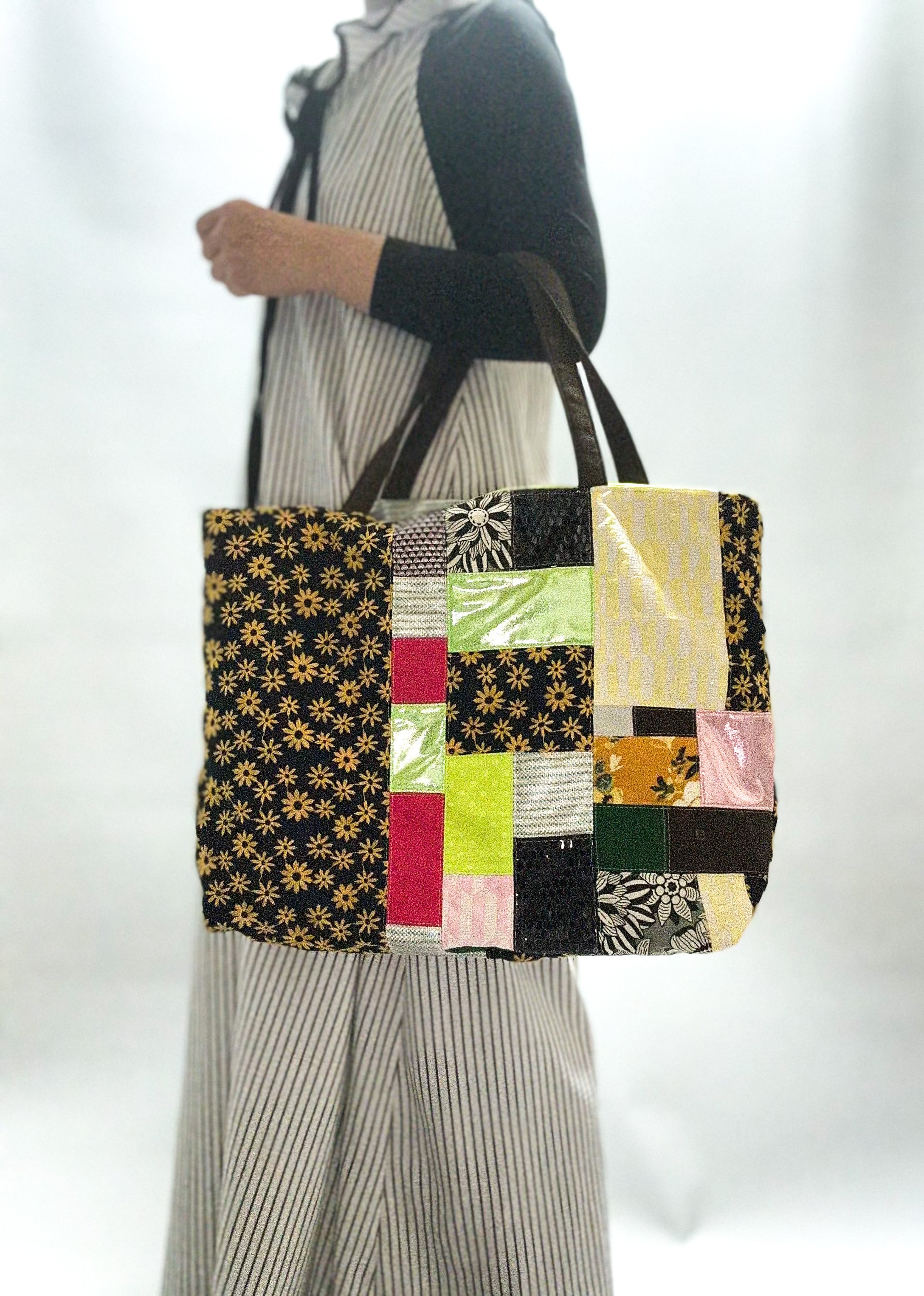 パッチワークエコバッグ③ L #キイロ×ネイビーミックス | a Linden