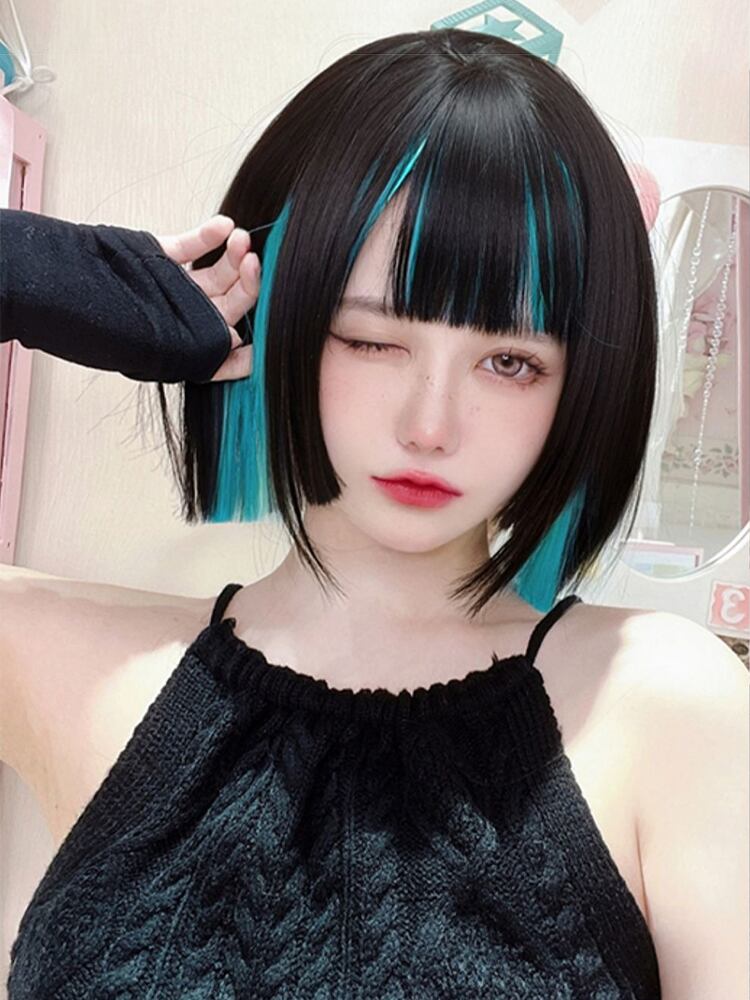 ファッション 普段用 コスプレ耐熱ウィッグ ブラック エメラルド