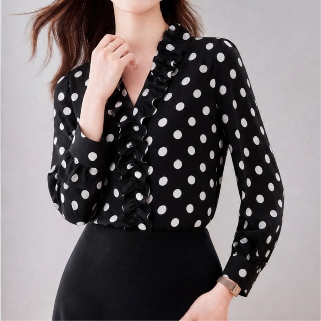 V neck elegant ruffle stitch polka dot blouse