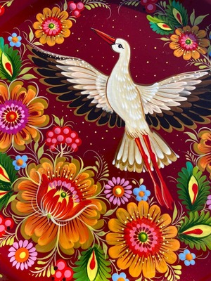 ペトリキウカ塗り　木製プレート（ティモシェンコ作）コウノトリ