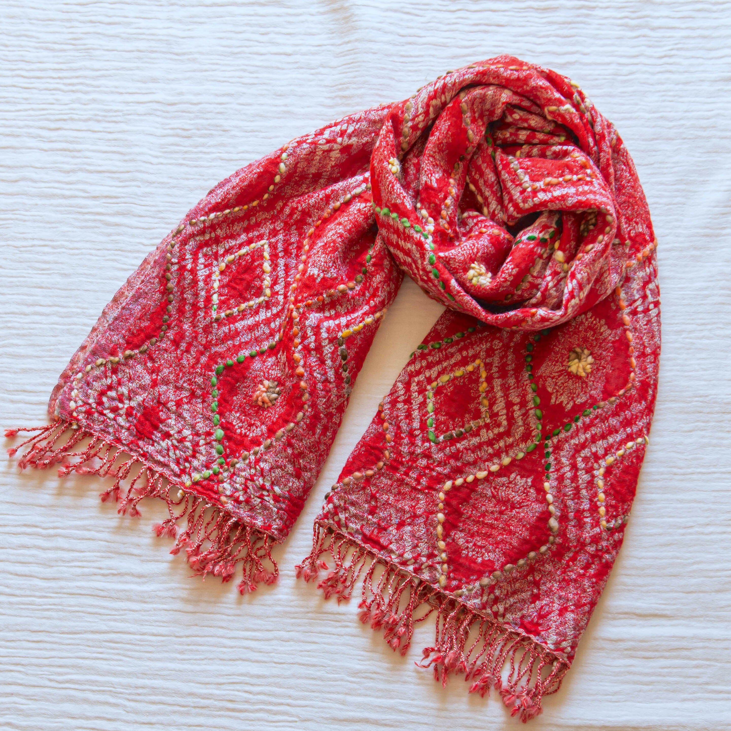 カシミール産 刺繍 ウールストール 0012