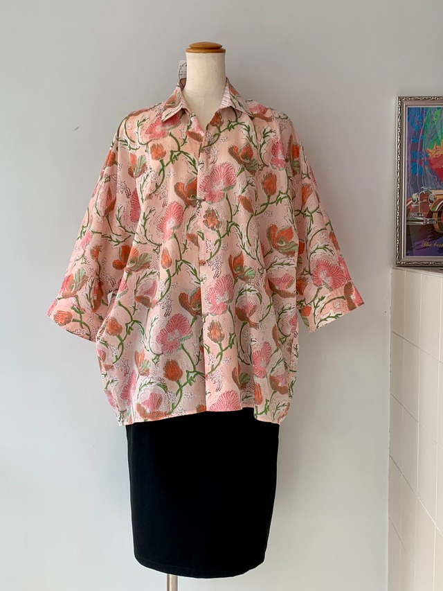 XLラスト1枚　早い者勝ち　シャツ　ブルー　春夏ファッション　涼しい　ブロックプリント　インド綿