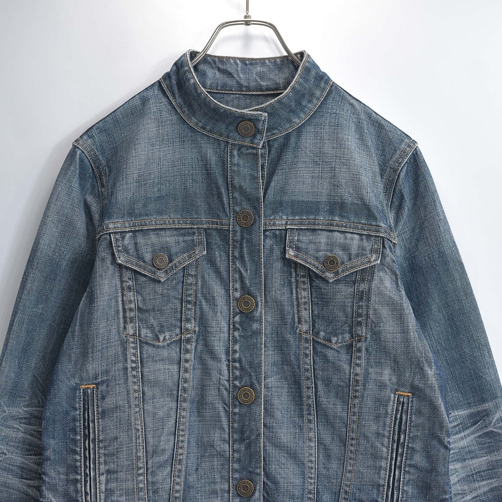 00s GAP ギャップ デニムジャケット トラッカージャケット Y2K スタンドネック ロングカフス 縦落ち ハチノス 経年変化 USED ヴィンテージ ビンテージ 古着 レディース M ネイビー