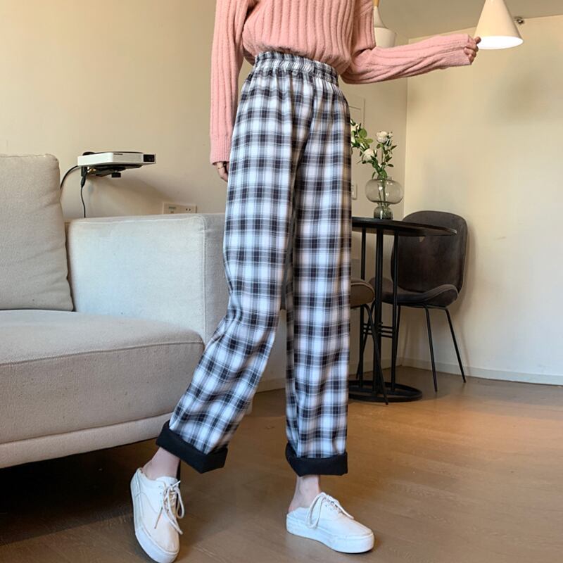 ルーズパンツ ベルベットウィンターオータムカジュアルハイウェスト格子柄 秋物 冬物 スーパーモール82517157612