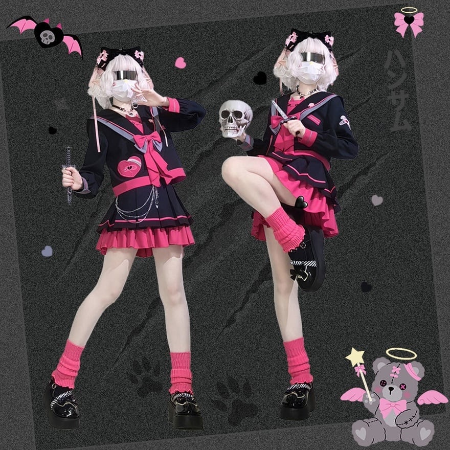 地雷系 ミリロリ風セーラー服 黒ピンク上下セットアップ | ロリータ