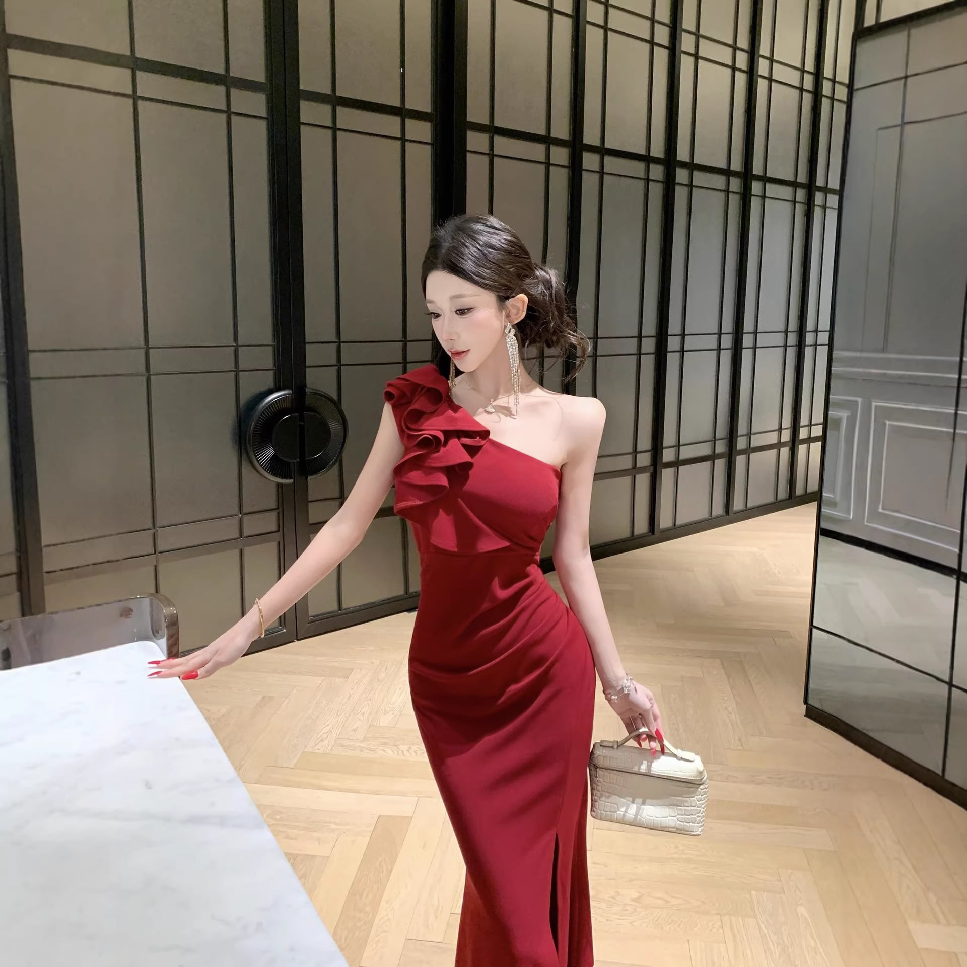 2色】ロングドレス キャバドレス セクシー ワンショルダー ボディコン