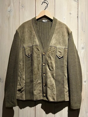 【a.k.a.C.a.k.a vintage】Suede Leather Switching Design Euro Vintage Loose Knit Cardigan