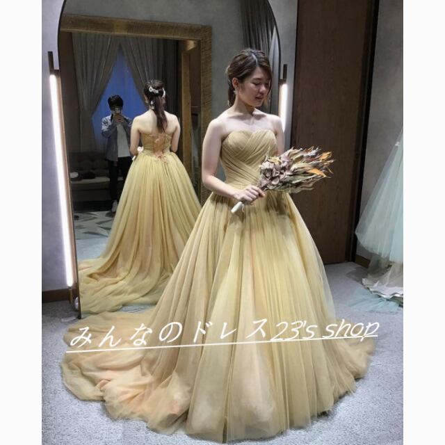 高品質！カラードレス イエロー ベアトップ パフスリーブ 光沢サテン  