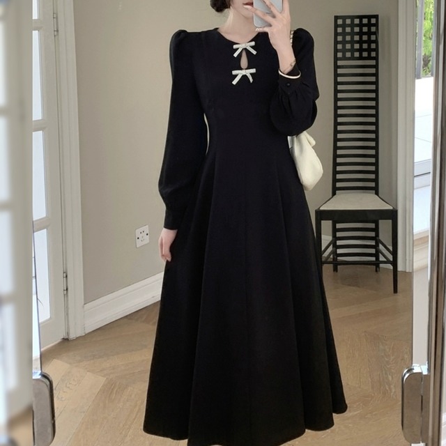 【M-4XL】クラシカルりぼん ブラックワンピース