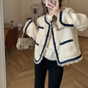 アウター レディース 送料無料 ジャケット ノーカラー フリンジ 縁取り チェック ツイード風 チェック メタルボタン トラッド ライン バイカラー ポケット付き オーバーサイズ 襟なし インスタ トレンド 羽織 コート JK フェミニン モノトーン かわいい きれいめ かっこいい おしゃれ 小顔見せ 着?せ 体型カバー オフィス 通勤 OL 女子会 お出かけ イベント パーティー お呼ばれ ゆったり モテ デート アプリコット S M L XL 2XL