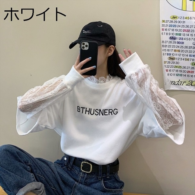 フェイクレイヤード 長袖 カットソー 袖レース トップス 重ね着風 オーバーサイズ Tシャツ レディース 体型カバー 英字ロゴ 襟レース ゆったり 春 秋 冬 体型カバー 華奢見え 10代 代 30代 Laff Store 会社情報 納期の確認をお願いします