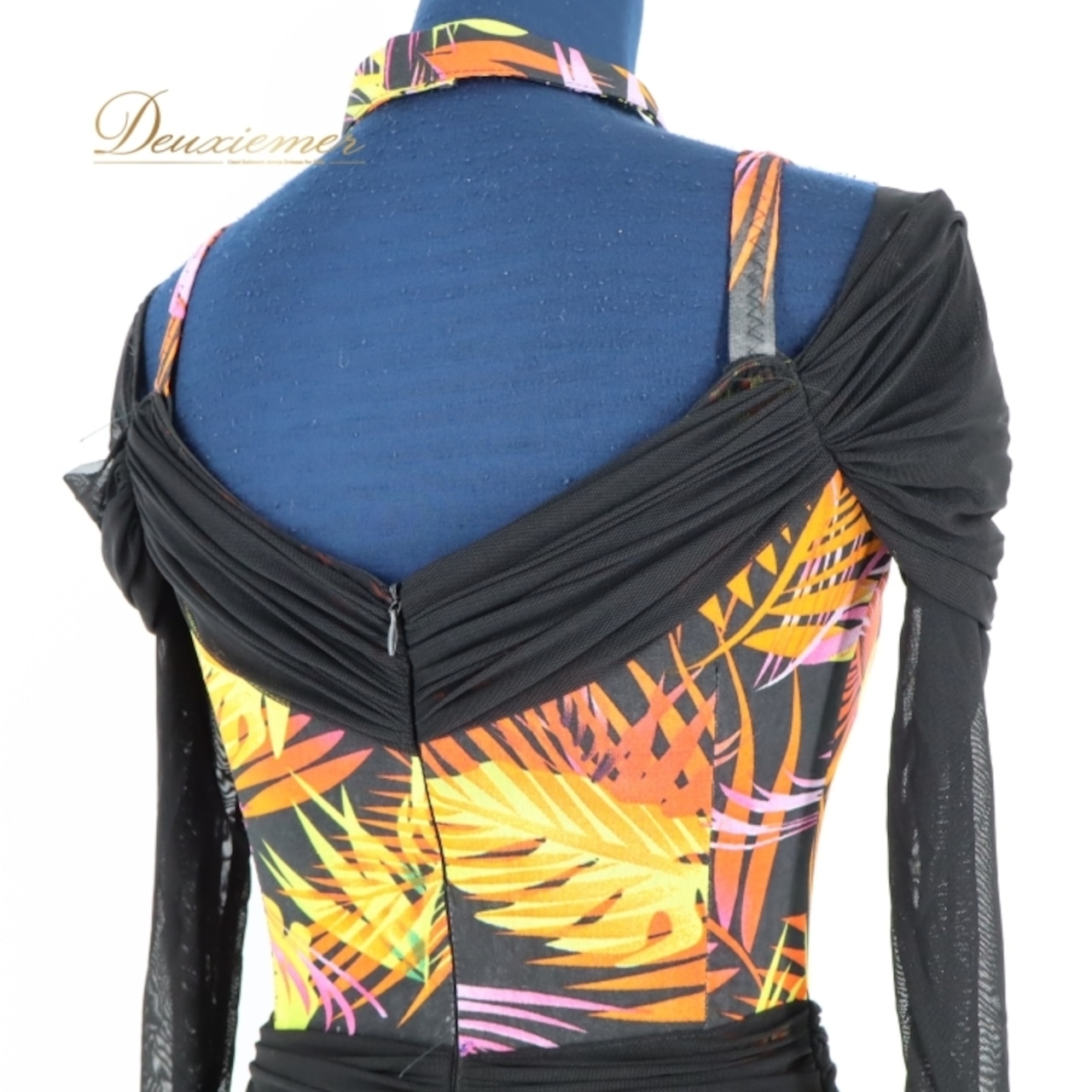 社交ダンス 衣装 スタンダード ドレス ワンピース パーティ 発表会 黒 フリル レース 柄 模様 ブラック系 オレンジ系 伸縮素材 薄い素材 ふんわり広がる Mサイズ レオタード 競技用 衣装 ドレスアップ おしゃれ レディース イベント