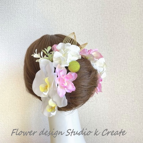 胡蝶蘭と紫陽花のヘッドドレス（14点）　ウェディング　成人式　結婚式　髪飾り　和装　前撮り　卒業袴