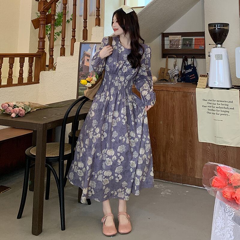 【新作】【送料無料】 実物撮影【ファスナー＋裏地付き】フレンチレトロ花柄ワンピース ウエスト痩せ 長袖 パープルパストラル 0297370811961