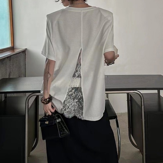 back lace design shoulder padded t-shirt L0595